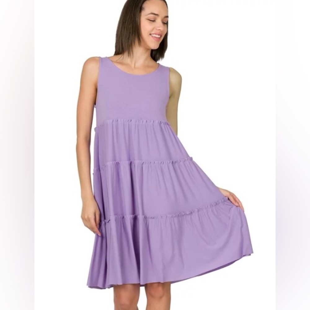 Women’s sleeveless ruffle tiered knee length swing midi dress. purple, large